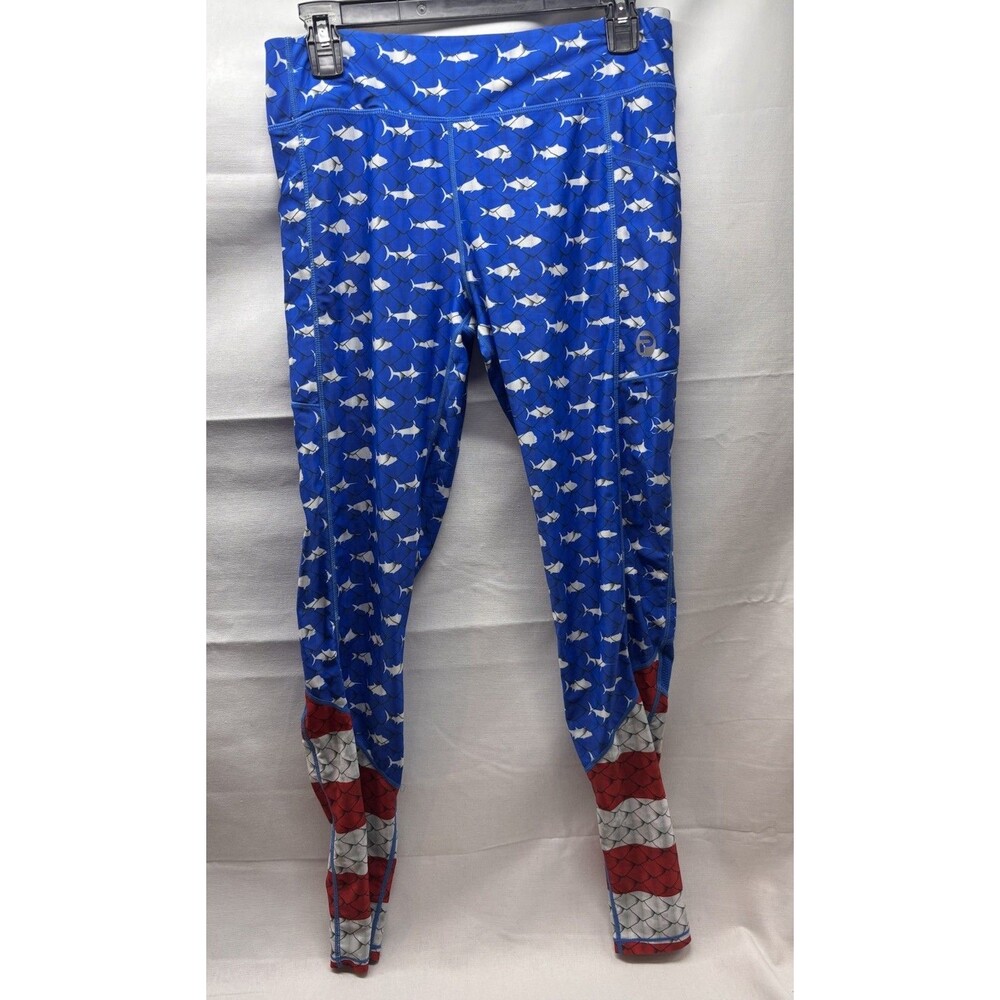 Pelagic Women's Flag Fish Leggings with Pockets Size Large Red White Blue Fish